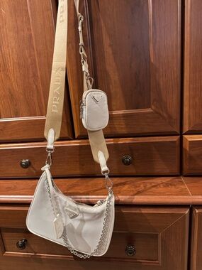 Prada  style Cream Nylon Shoulder Bag with Beige Webbing Strap